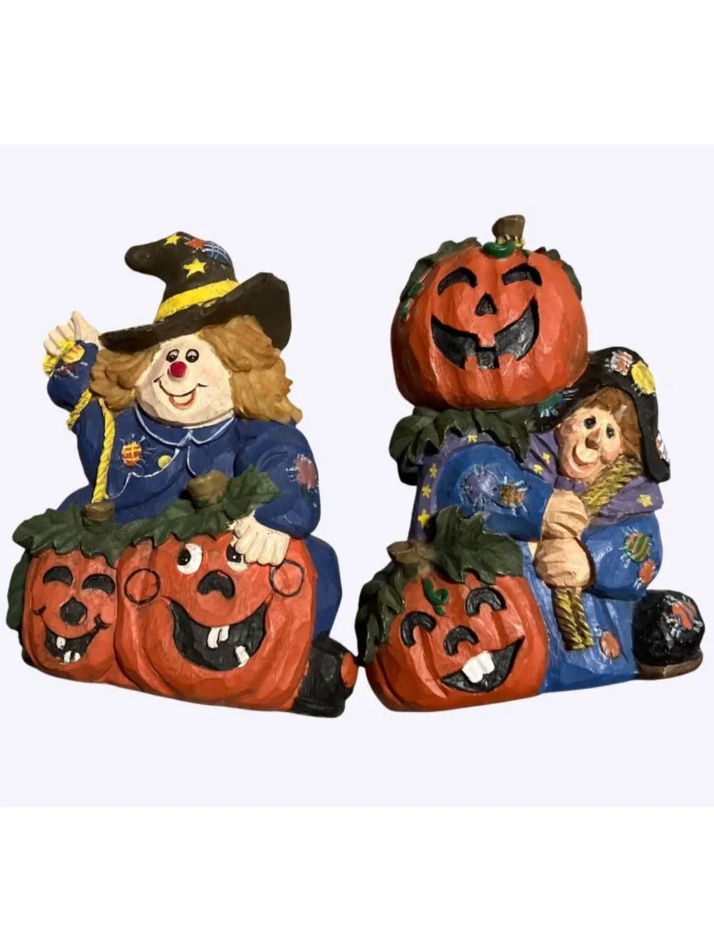 Hand-Painted Halloween Witch and Pumpkin Resin Figurines Festive Decor Set of 2